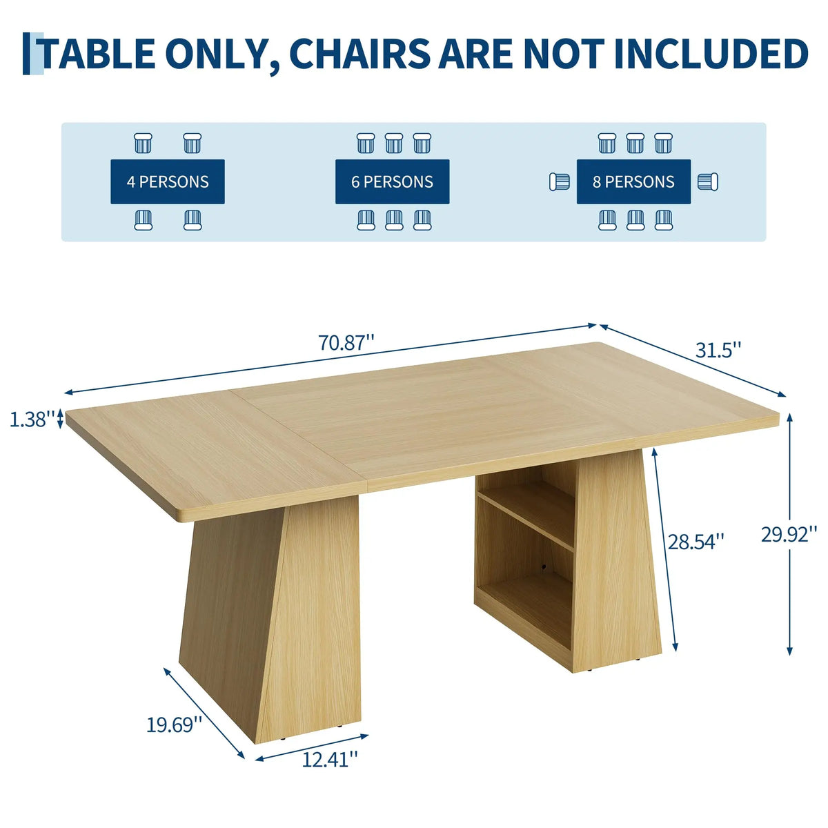 71 Inch Rectangular Dining Table For 4-8, Wooden Kitchen Dinner Table With Hidden Storage Shelf For Dining Room Home Office