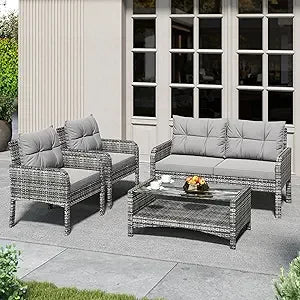 Outdoor Patio Wicker 5-Piece Furniture Set, No Assembly Required All-Weather Rattan Conversation Bistro & Storage Table for Gard