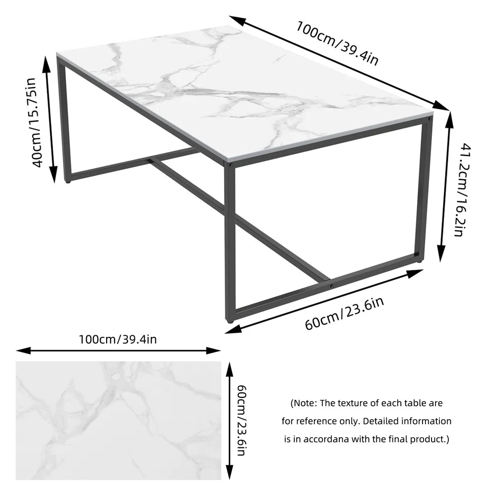 LUVODI Rectangular Coffee Table 100x60cm Sintered Stone Top Black Metal Frame Modern Center Table for Living Room