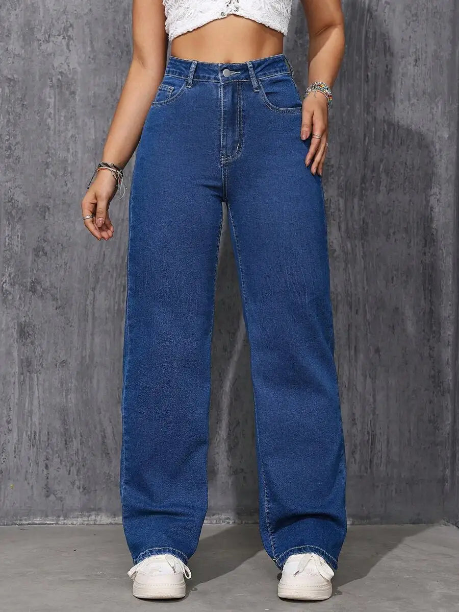 High Waist Wide Leg Washed Denim Jeans for Women - Casual Streetwear Style