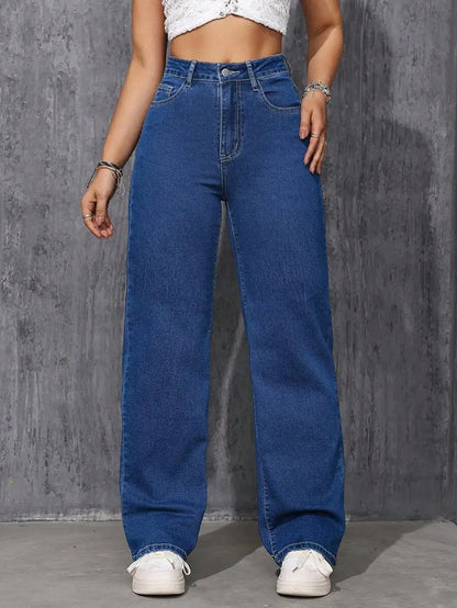 High Waist Wide Leg Washed Denim Jeans for Women - Casual Streetwear Style