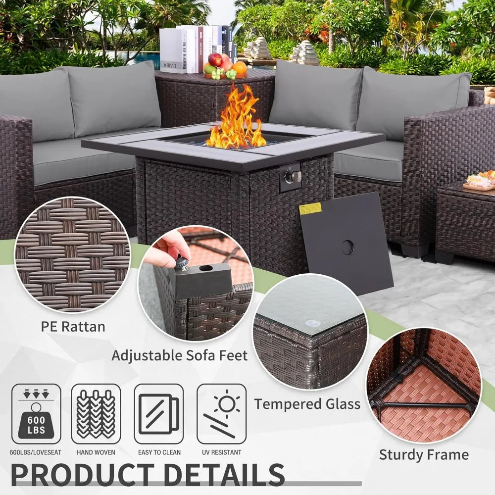 Patio Furniture Set, 5-Piece Outdoor Wicker Sectional Sofa with Loveseat, Brown Rattan, Conversation Area, Storage Included