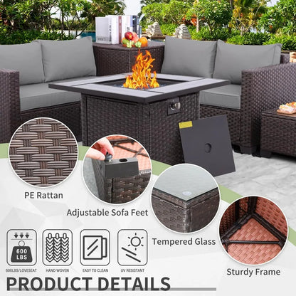 Patio Furniture Set, 5-Piece Outdoor Wicker Sectional Sofa with Loveseat, Brown Rattan, Conversation Area, Storage Included