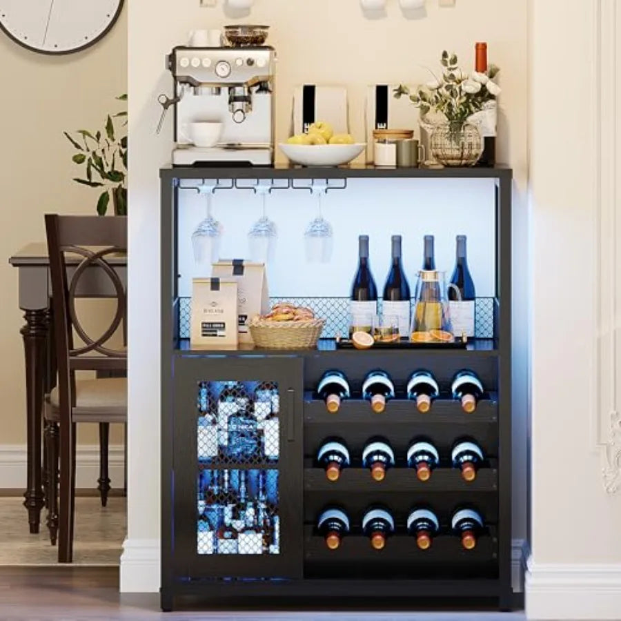 Wine Bar Cabinet with LED Lights, Liquor Cabinet with Storage