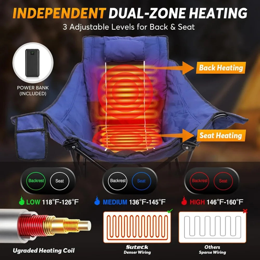 Oversized Padded Heated Camping Chair with 20000mAh Power Bank and Carry Bag