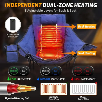Oversized Padded Heated Camping Chair with 20000mAh Power Bank and Carry Bag