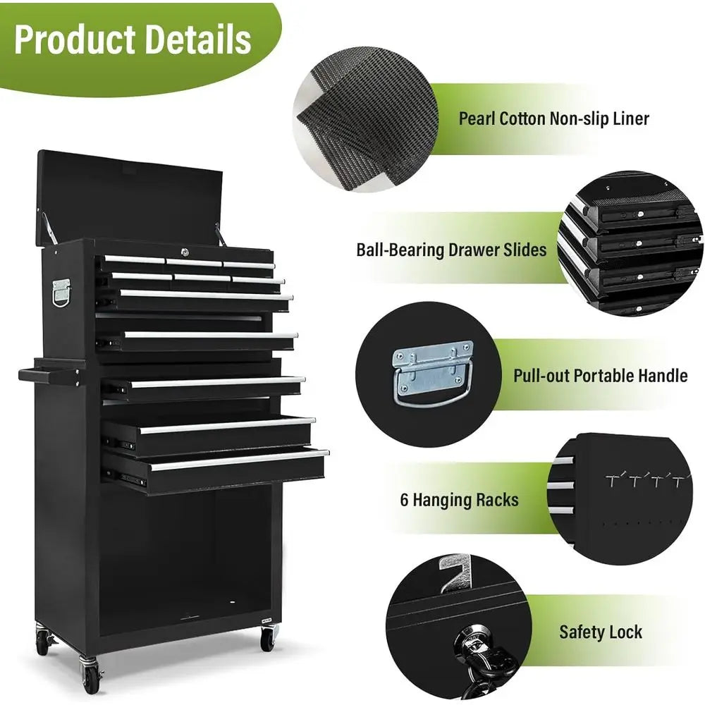 2-in-1 Rolling Tool Chest with Lockable Metal Cabinet, Detachable Drawers, and Wheels for Garage Workshop (Black)