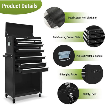 2-in-1 Rolling Tool Chest with Lockable Metal Cabinet, Detachable Drawers, and Wheels for Garage Workshop (Black)