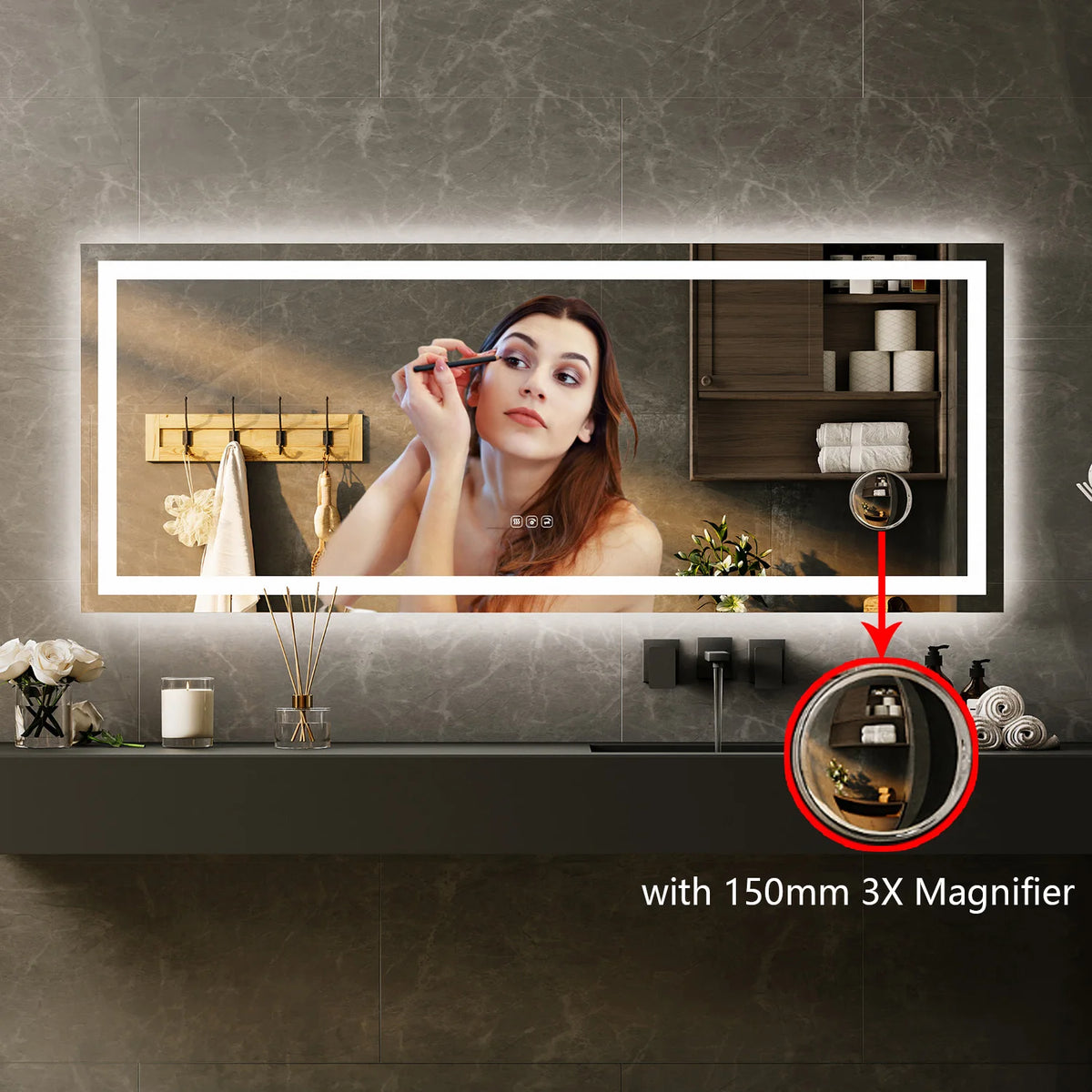 LED Bathroom Mirror with Memory, Stepless Dimmable/Anti-Fog/Shatter-Proof/Front&Backlit, Lighted Vanity Mirror, Wall Mount