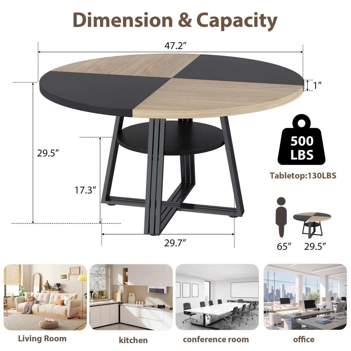 Round Dining Table for 4-6, 47" Kitchen Table with Storage Shelf, Wooden Dinner Table with Metal Base for Home Living Room, No Chairs