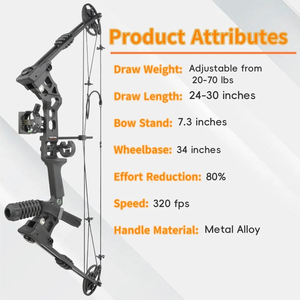Compound Bow Complete Set 20-70lbs 320FPS 80% Let-off RH Full Archery Accessories for Outdoor Hunting Target Shooting