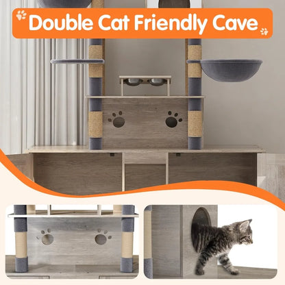 "two-tier cat tree with dual litter box huts, comprehensive cat tower, feline condo featuring sisal scratching posts, hanging be