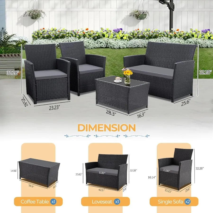 4 Piece Outdoor Patio Furniture Sets for Balcony Porch Backyard: Durable Rattan Conversation Sofa Set with Black-Grey Finish We