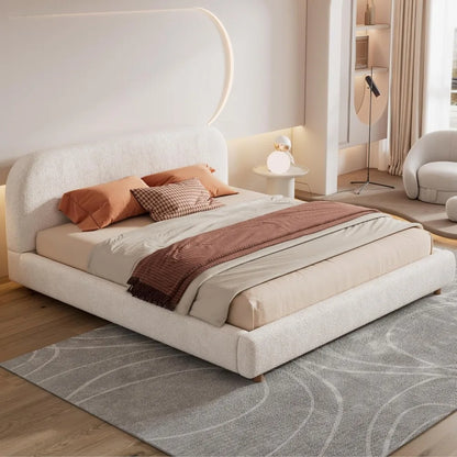 Merax King Size Teddy Fleece Thick Fabric Upholstered Platform Bed with Curved Shaped Headboard, Wood Bed Frame with Solid Round