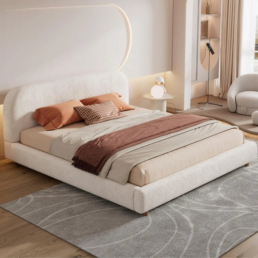 Merax King Size Teddy Fleece Thick Fabric Upholstered Platform Bed with Curved Shaped Headboard, Wood Bed Frame with Solid Round