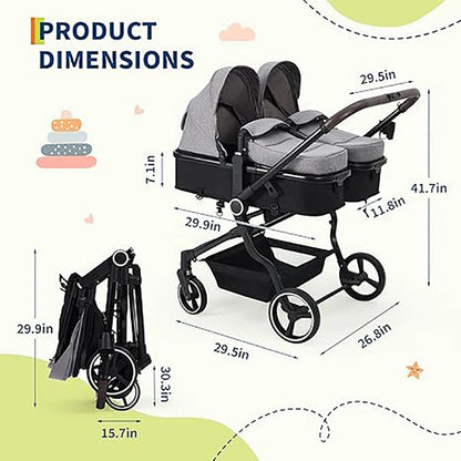 Double Stroller for Newborn and Toddler, Tandem Strollers with Lightweight Compact Fold, Adjustable Cancline for Twins Infant
