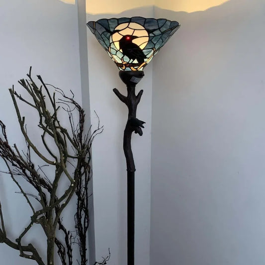 L10959 Raven Sitting on Bare Tree Branch in Full Moon Night Tiffany Style Stained Glass Torchiere Floor Lamp for Halloween