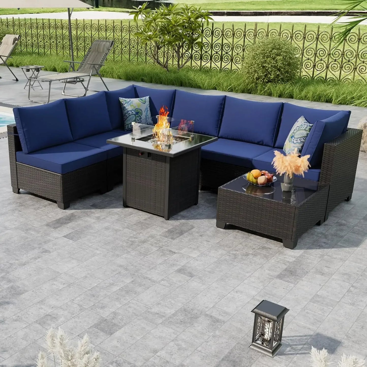 8-Piece Outdoor Patio Furniture Set with Fire Pit Table 28' Wicker Sectional Sofa Conversation Set with Cushions for Garden