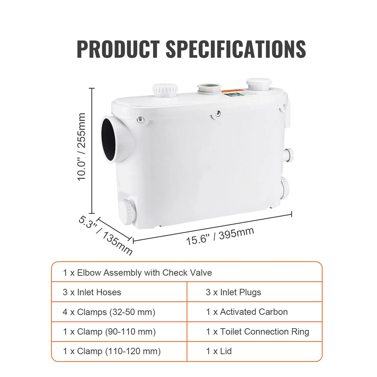 SucceBuy Macerator Pump 500W 29GPM Flow 26ft/8 m Head Wall-Hung Toilet Pump, 4 Water Inlets Waste Water Disposal Upflush Machine