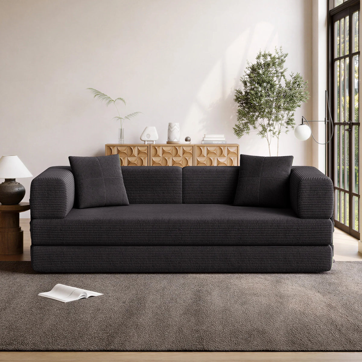 Modular Floor Sofa Frameless Compression Straight Couch 3 Seater Convertible Lazy Sofa High Density Foam Corduroy Upholstered Living Room Apartment Furniture