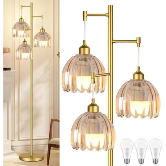 Gold Floor Lamps for Living Room Vintage Floor Lamp with Glass Lmapshape and Three Led Bulb, Glass Floor Lamps Brass Mid Centur