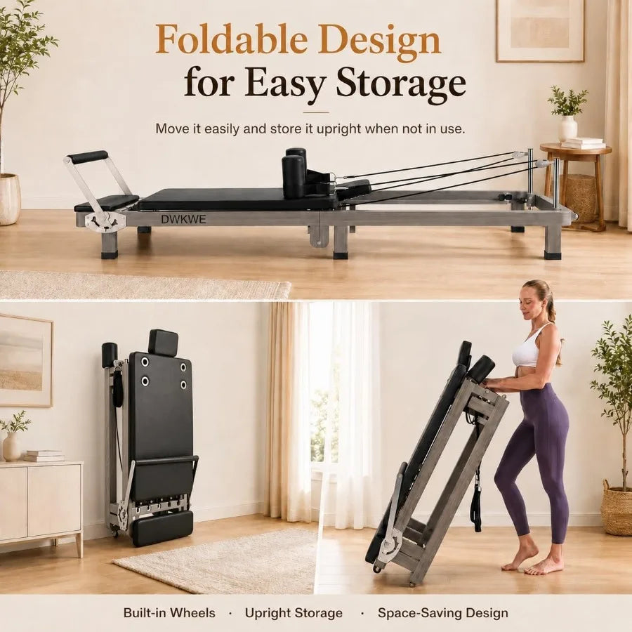 Foldable Pilates Reformer 90% Pre-Assembled Home Gym Women Men Workouts Bundle, Wood Grain Metal Frame Dual Resistance System S