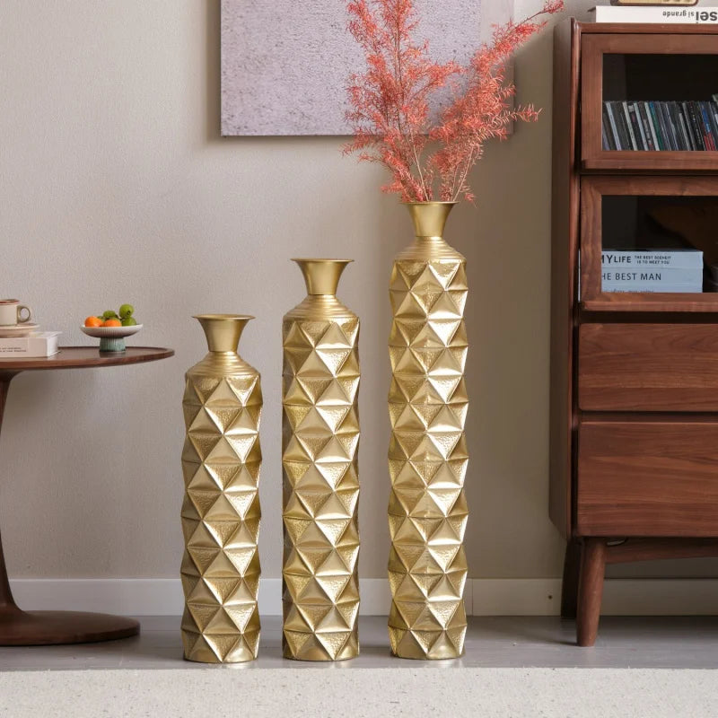Large Size Metal Decorative Vase Set 3D Triangle Pattern 3 Sizes (33.5\" 29.5\" 25.2\") In High Gold For Home Decoration USA