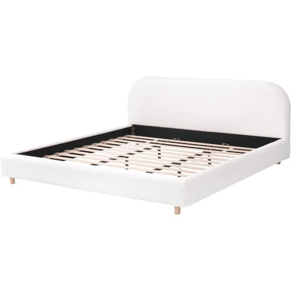 Merax King Size Teddy Fleece Thick Fabric Upholstered Platform Bed with Curved Shaped Headboard, Wood Bed Frame with Solid Round