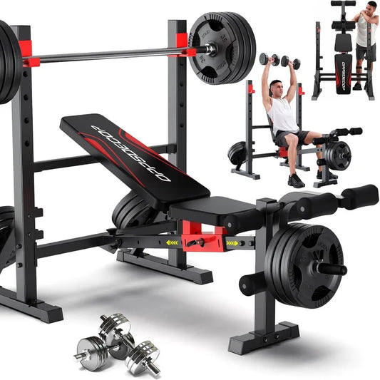 ASTM-Certified 900LBS Weight Bench Set with Squat Rack and Leg Extension, Preacher Curl Workout Bench and Bench Press Set for H