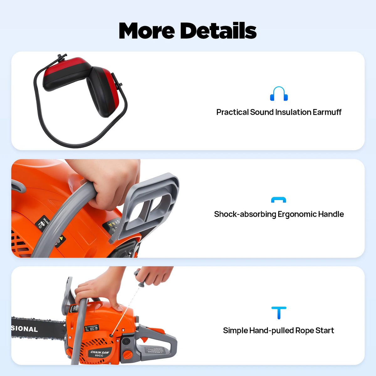 Gas Powered Chainsaw 62CC 2 Cycle 22 Inch Portable Cordless Silent Design Durable Spring Assisted Start Tree Pruning Garden Tool