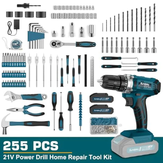 21V Cordless Drill Tool Kit with 255-Piece Portable Complete General Basic Home and Auto Repair Set Including Drawer Storage fo
