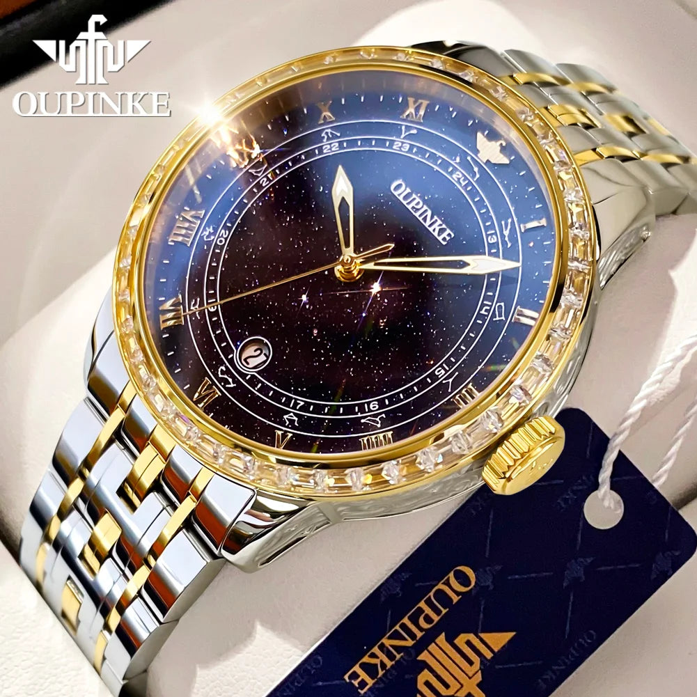 OUPINKE Top Luxury Brand Women's Watches Calendar Automatic Mechanical Watch Starry Sky Dial Romantic Gift Female Wristwatch