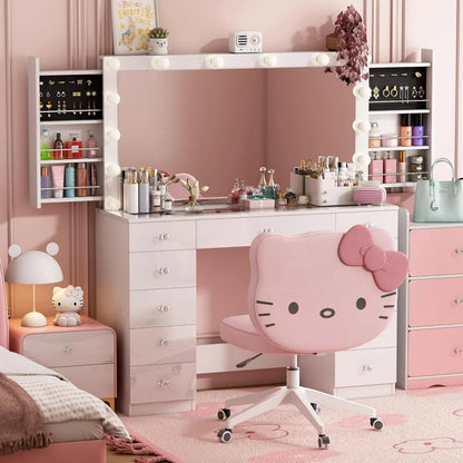 Vanity Desk with Power Outlet, Makeup Vanity with Mirror and 14 LED Light, 3 Lighting Modes,11 Drawer Vanity Table , White