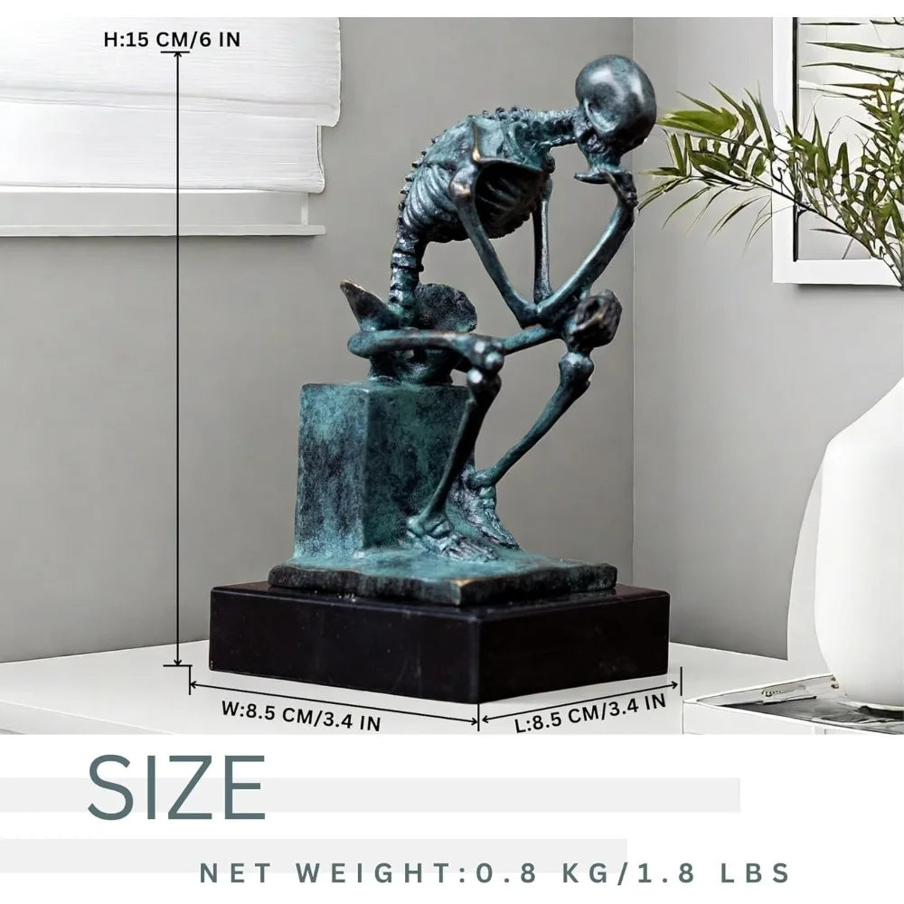 Bronze Thinker Sculpture - Abstract Rodin-Inspired Skeleton Art Statue for Home Decor and Halloween Skull Theme.