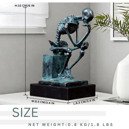 Bronze Thinker Sculpture - Abstract Rodin-Inspired Skeleton Art Statue for Home Decor and Halloween Skull Theme.