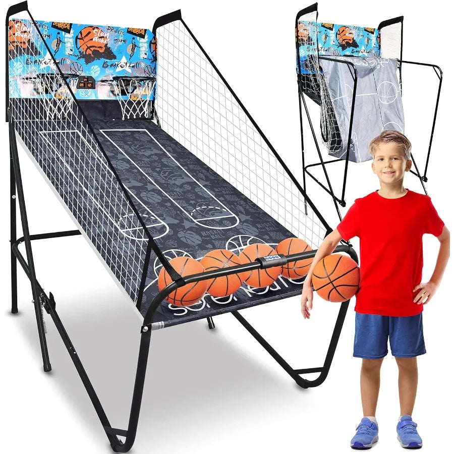 Dual Hoop Basketball Shootout Indoor Home Arcade Room Game with Electronic LED Double Basketball Shot Scoreboard and Play Timer