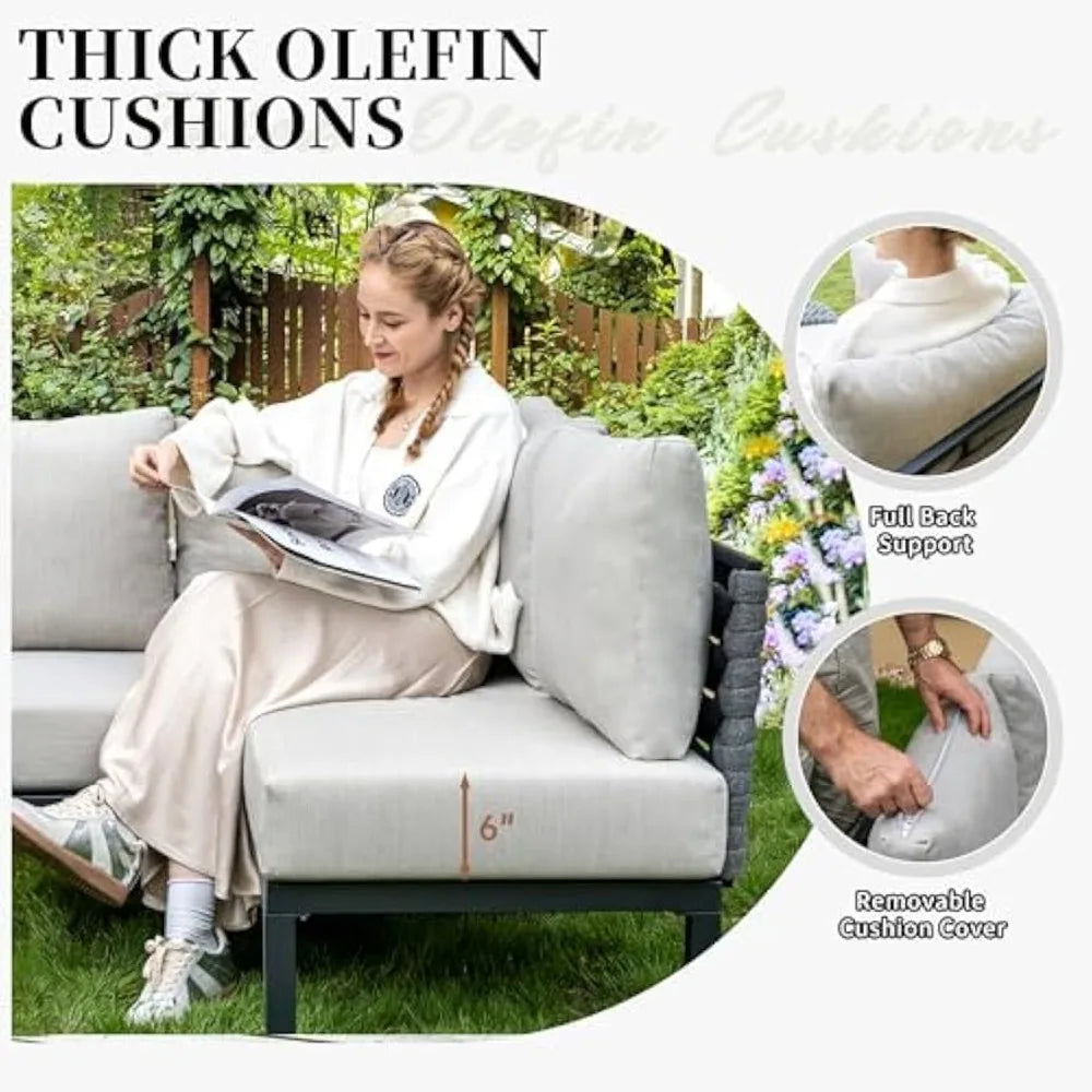 4 Piece Patio Conversation Set, Outdoor Sectional Furniture with Loveseat, Single Chair, 6" Washable Cushions, Beige