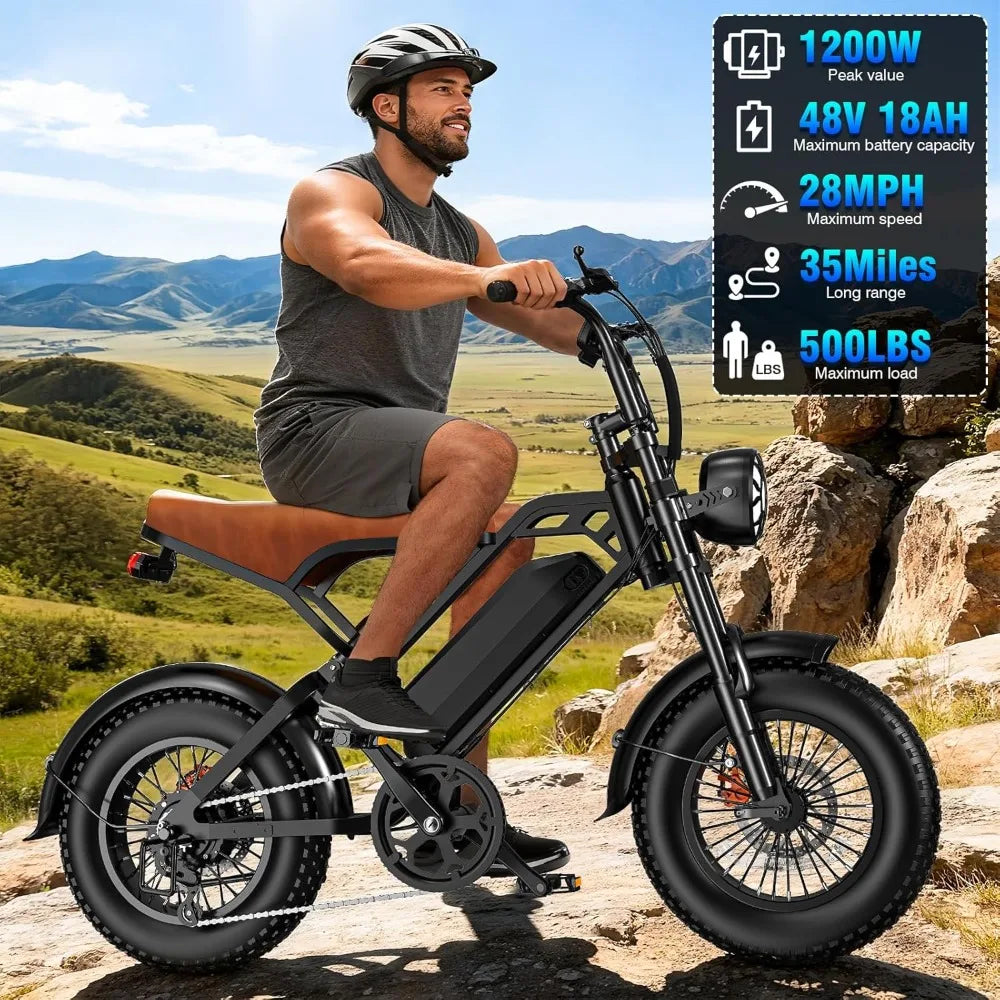 Electric Bike for Adults, 1200W Peak Power Ebike, 28MPH, 48V 18Ah Removable Battery, 35-Mile Range, 500LBS Load Fat Tire e-Bike