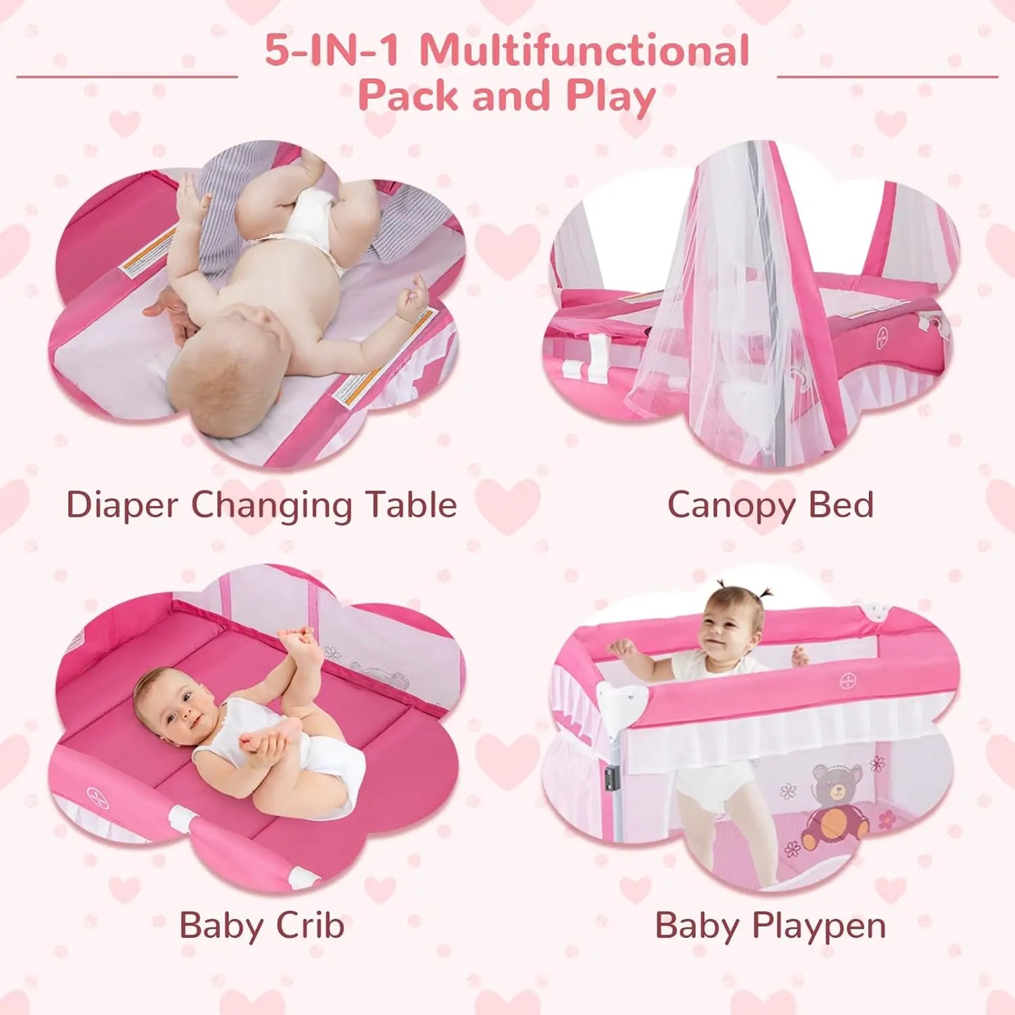 4-in-1 Portable Baby Playard with Canopy, Changing Table, Bassinet & Toys for Newborns to Toddlers in Hot Pink