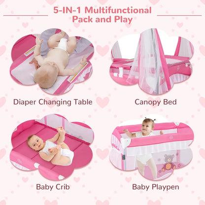 4-in-1 Portable Baby Playard with Canopy, Changing Table, Bassinet & Toys for Newborns to Toddlers in Hot Pink