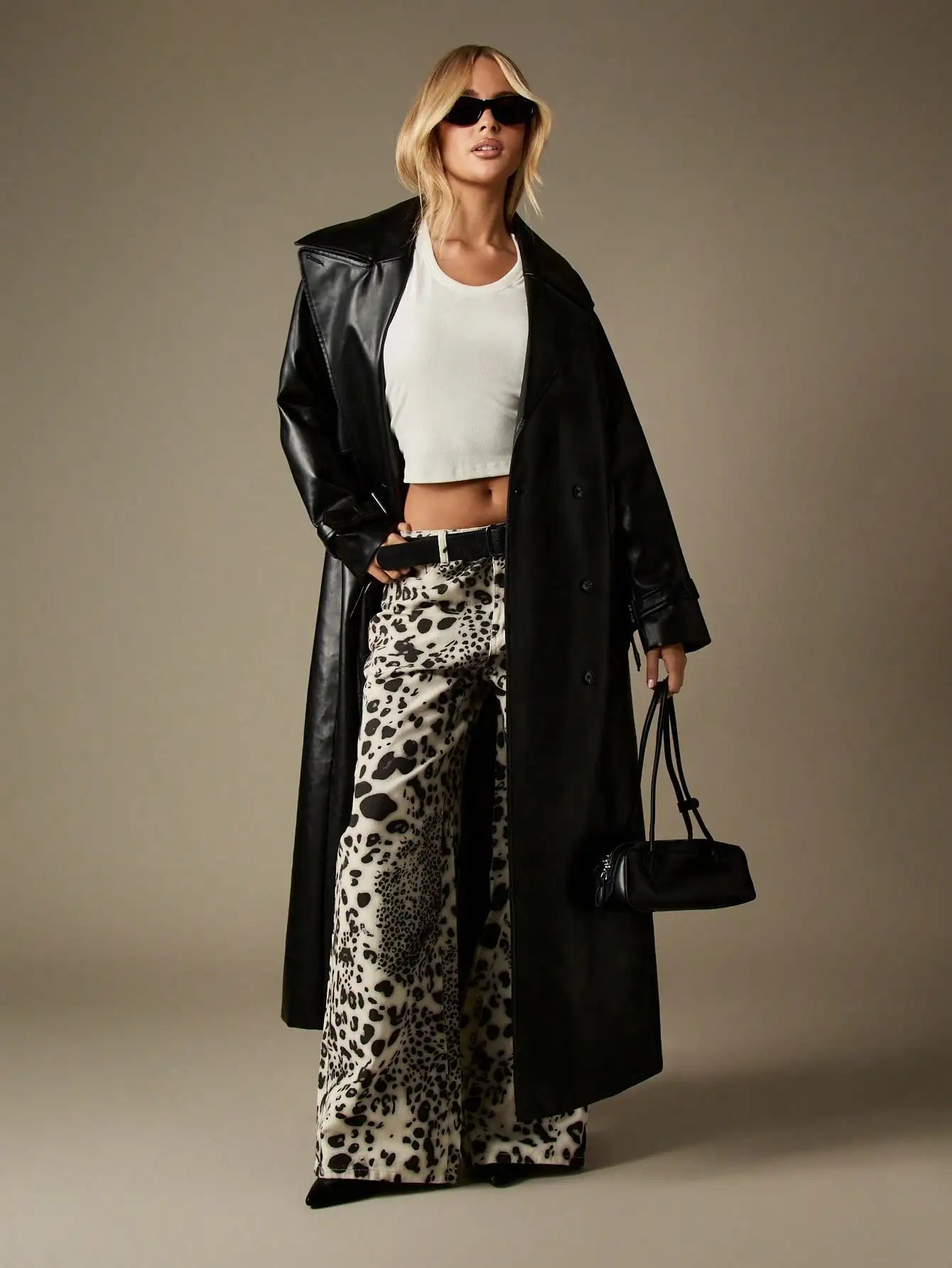 Mid Rise Wide Leg Leopard Print Denim Jeans for Women, Baggy Palazzo Style