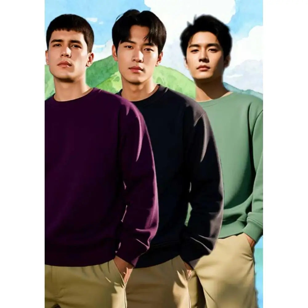 Three piece men's classic round neck sweatshirt set made of cotton blend, soft and comfortable, warm and perfect for daily