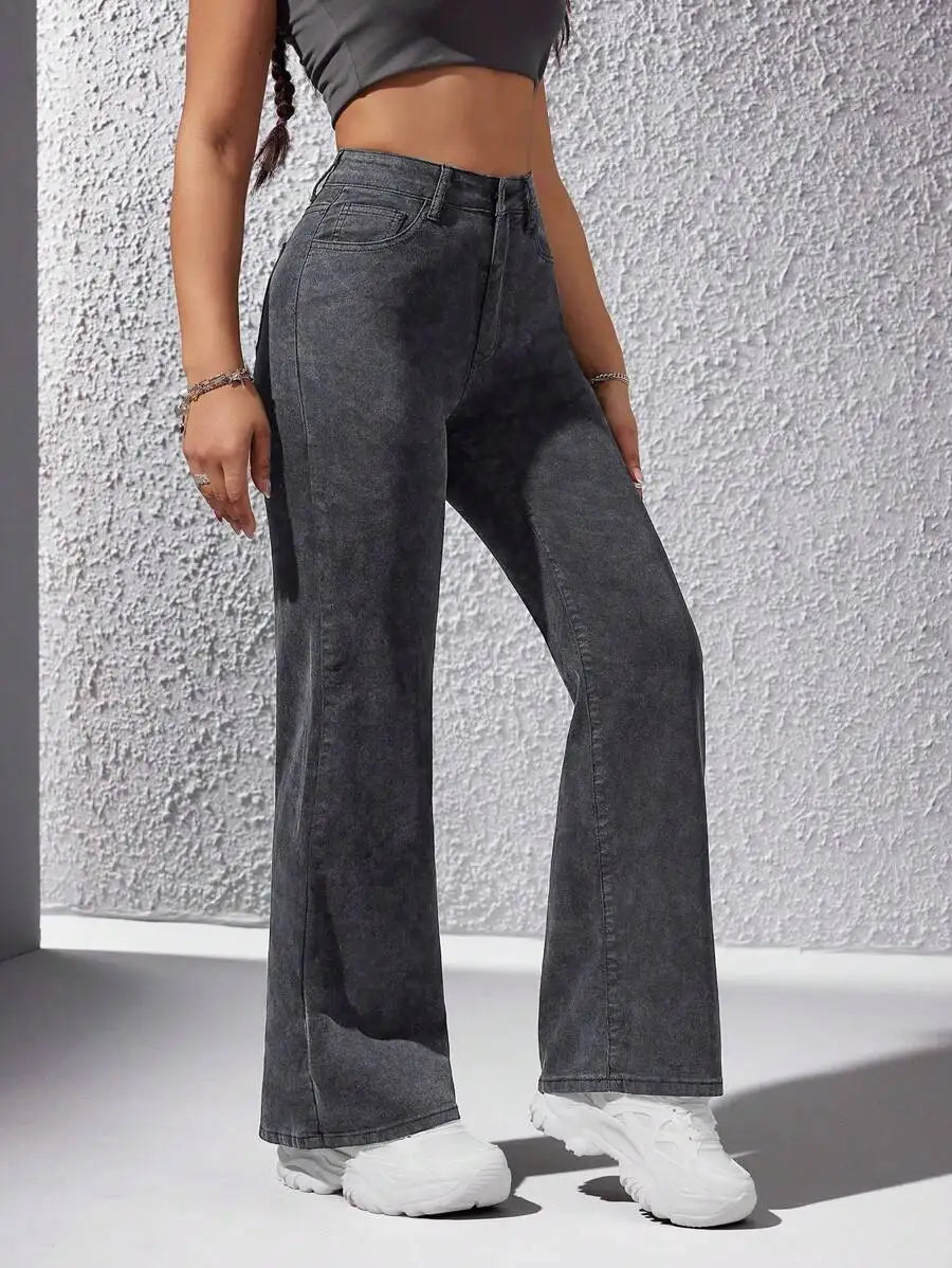 High Waist Wide Leg Washed Denim Jeans for Women - Casual Streetwear Style