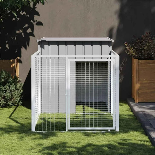 Light Gray Galvanized Steel Dog House with Run Multiuse Outdoor Pet Kennel Featuring Protective Roof Design and Easy Access Doo