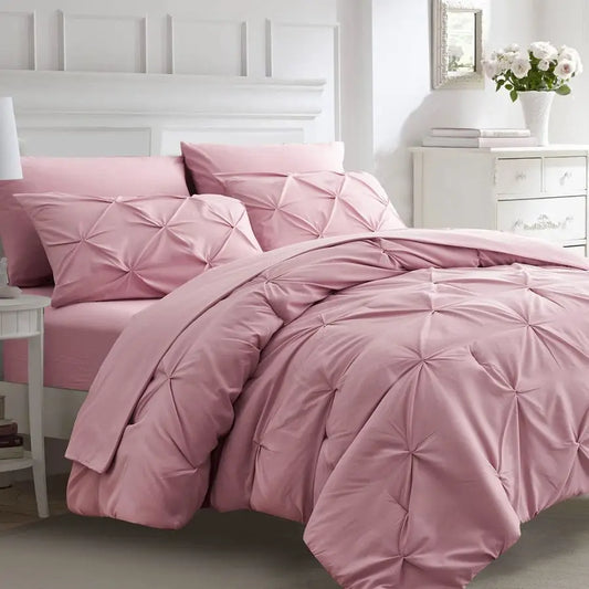 7pc Full Size Comforter Set with Sheets, Pinched Pleat 7 Piece Bed in a Bag Blush Bed Set with Comforter, Pintuck All Season Bed