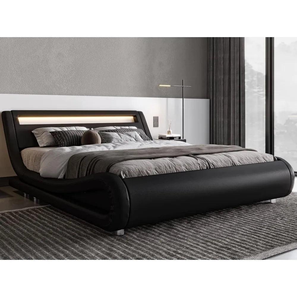 Allewie Full Size LED Platform Bed Frame with Adjustable Headboard/No Box Spring Need/Easy Assembly/Faux Leather in Black