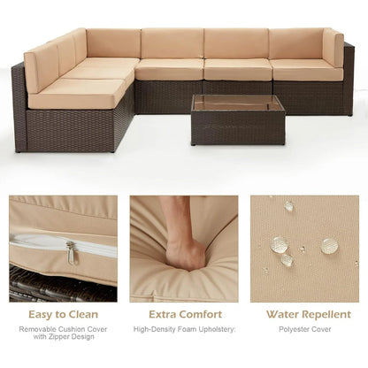 7 Piece Outdoor Patio Furniture Set, PE Rattan Wicker Sofa Set, Outdoor Sectional Furniture Chair Set  Brown