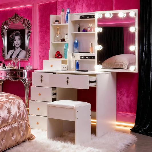 Dressing Table w/ LED Mirror & 6 Drawers White Vanity Dressing Table Stool Set