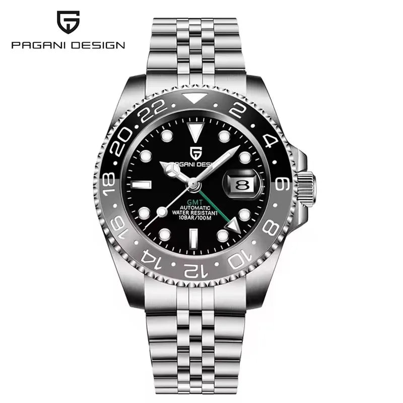 PAGANI DESIGN 40MM Black Gray Dual Tone Automatic Mechanical GMT Watch Sapphire Glass Stainless Steel Sports Luminous Watches for Men