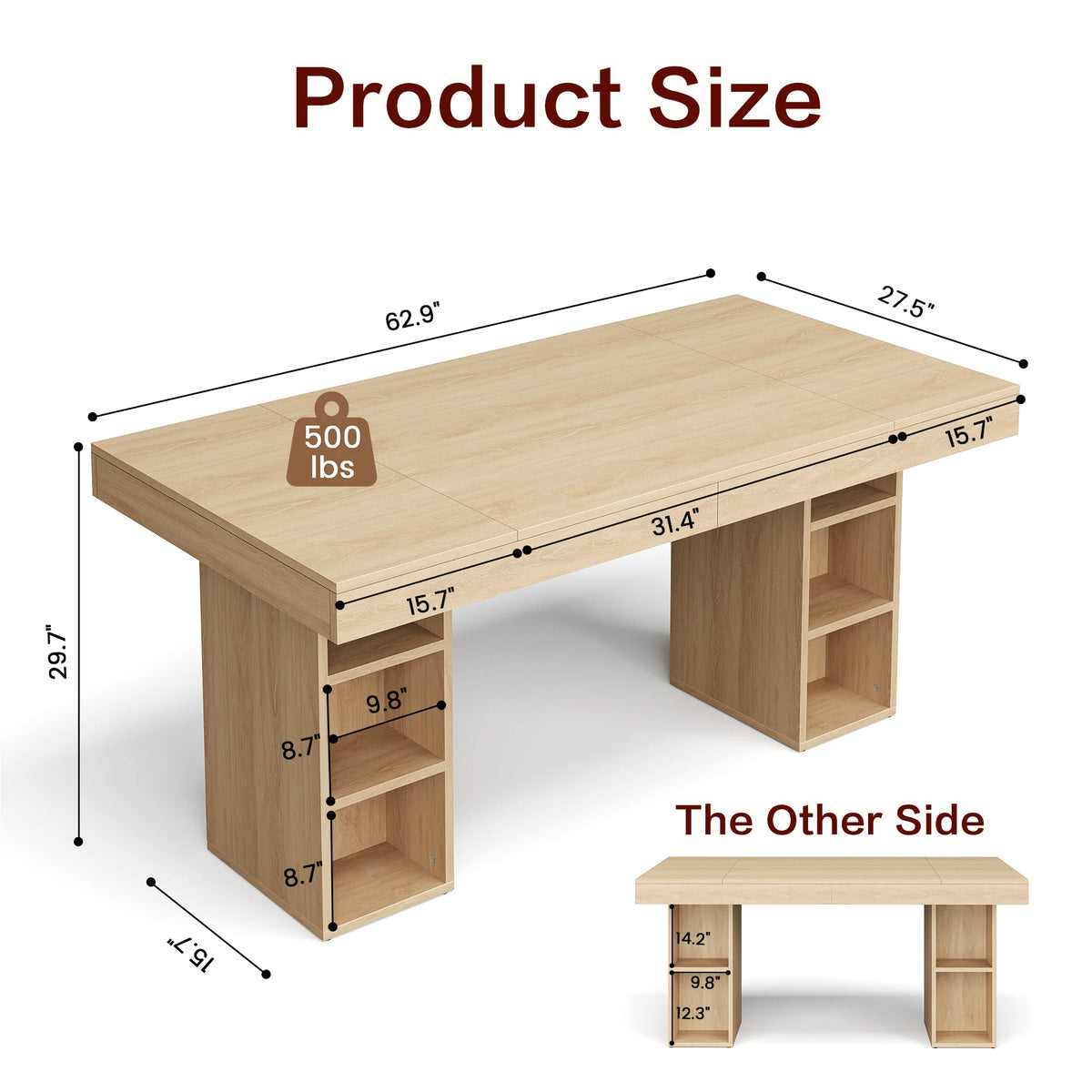 Wood Grain Dining Table with Built-in Side Storage Shelves, Multifunctional Rectangular Kitchen Dinner Table with Open Compartments for Dining Room